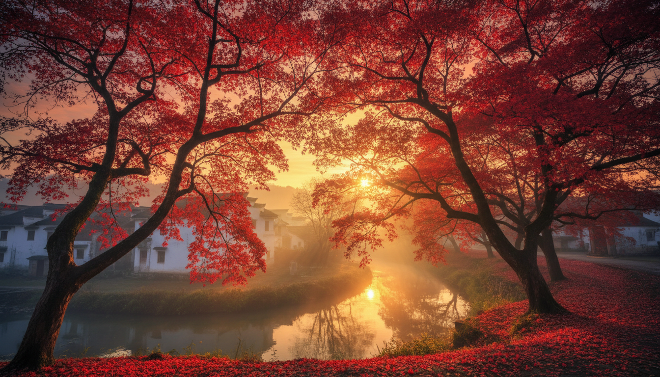 石城晨霧紅楓